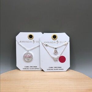 Amanda Blu Sterling Silver Plated 2 Dainty Chain CZ Necklaces Butterfly Flowers.
